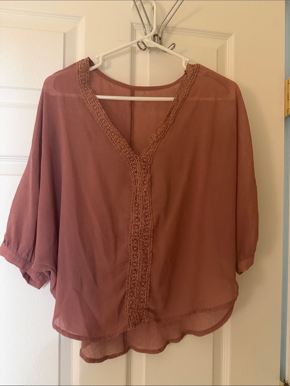 SHEIN Dusty Rose V-Neck Crochet Trim Blouse